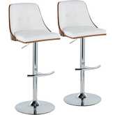 Gianna Adjustable Swivel Bar Stool in Chrome, Walnut Wood & White Leatherette (Set of 2)